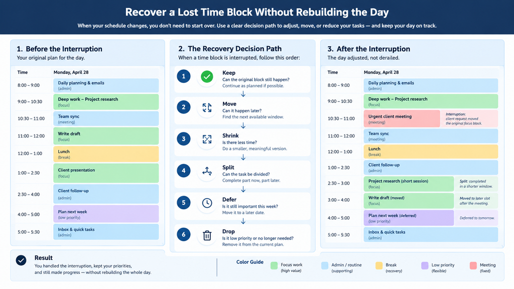 Flexible time blocking system showing fixed commitments, flexible work blocks, buffer time, schedule changes, and recovery decisions.