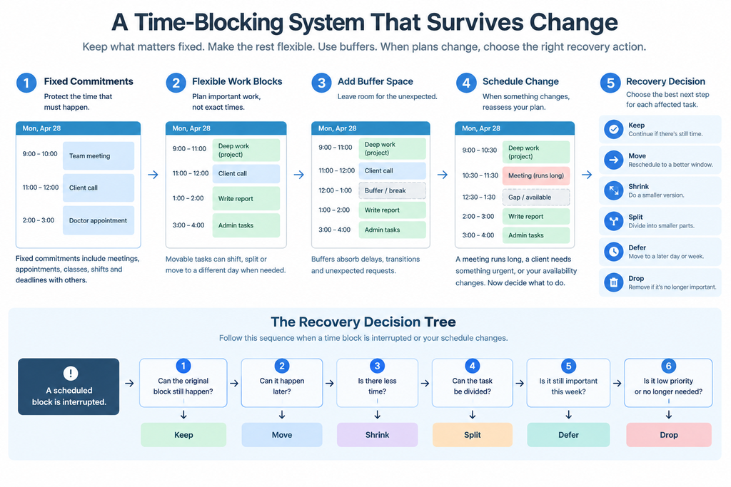 Time-block recovery flow showing how to keep, move, shrink, split, defer, or drop an interrupted task.