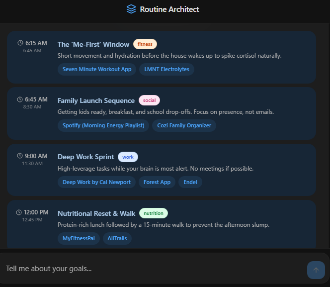 DailyRoutineAI’s Routine Architect starts with goals and lifestyle context before creating a tailored daily schedule.
